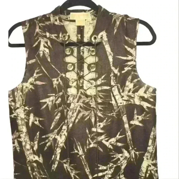 Michael Michael Kors Lace Up Front Sleeveless Tropical Linen Print Shift Dress. - Picture 4 of 7